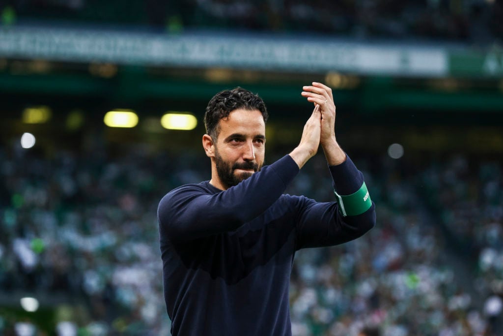 Ruben Amorim of Sporting CP reacts during the Liga Portugal Betclic match between Sporting CP and Vitoria Guimaraes at Estadio Jose Alvalade on Apr...