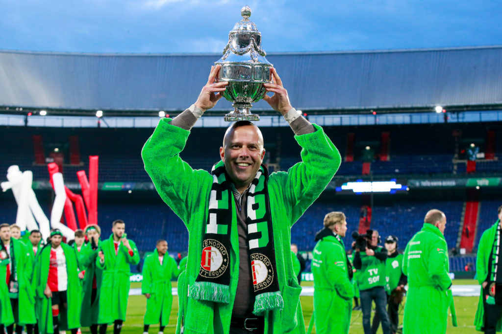 Head Coach Arne Slot of Feyenoord with the trophy during the TOTO KNVB Cup final match between Feyenoord and NEC at Stadion Feyenoord on April 21, ...