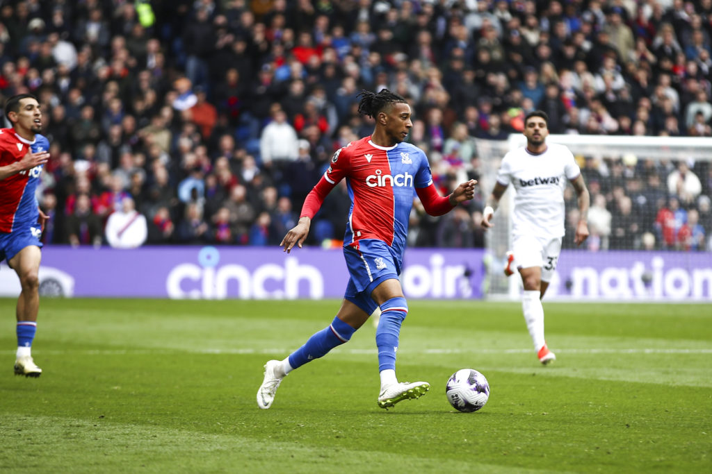 Michael Olise is on the ball during the Premier League match between Crystal Palace and West Ham United at Selhurst Park in London, on April 21, 2024.