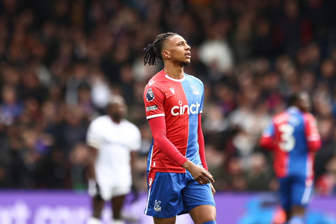 Michael Olise is celebrating his goal during the Premier League match between Crystal Palace and West Ham United at Selhurst Park in London, on Apr...