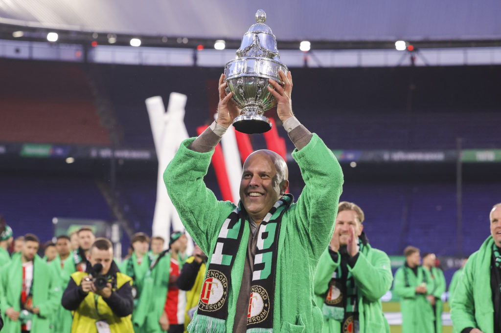 Feyenoord wins the KNVB cup, head coach Arne Slot of Feyenoord Rotterdam celebrating with the KNVB cup after the Dutch TOTO KNVB Cup Final match be...