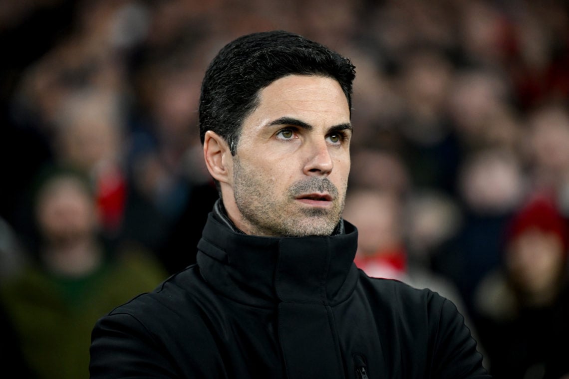 Mikel Arteta, Manager of Arsenal, looks on prior to the UEFA Champions League quarter-final first leg match between Arsenal FC and FC Bayern Münche...