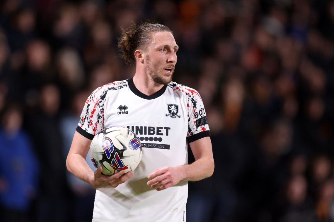Luke Ayling of Middlesbrough looks on during the Sky Bet Championship match between Hull City and Middlesbrough at MKM Stadium on April 10, 2024 in...