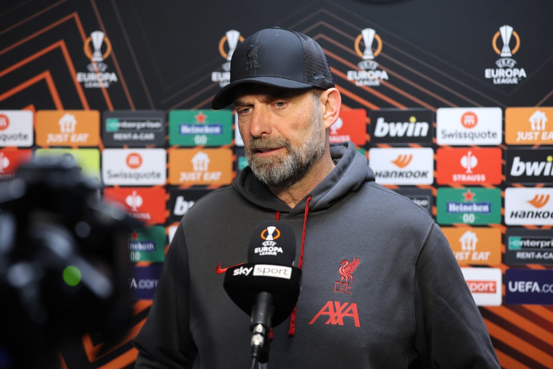 Liverpool manager Jurgen Klopp is interviewed following the UEFA Europa League 2023/24 Quarter-Final first leg match between Liverpool FC and Atala...