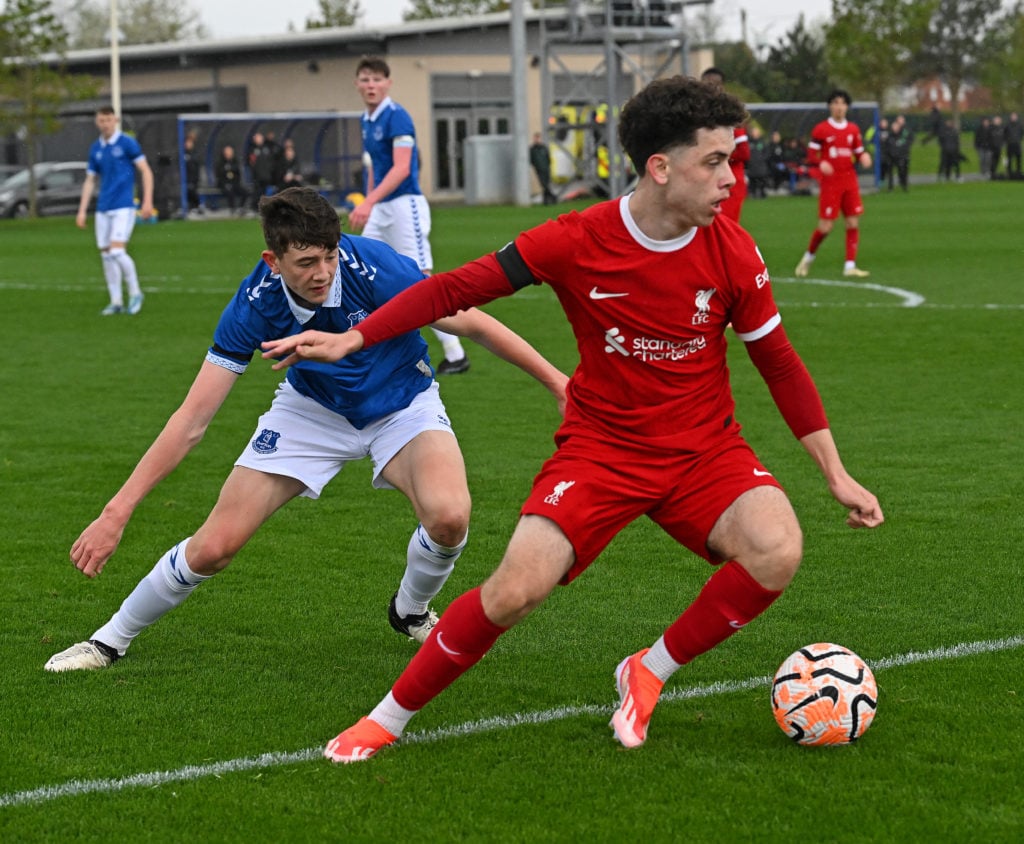 (THE SUN OUT. THE SUN ON SUNDAY OUT) Kieran Morrison of Liverpool in action during the game between Everton U18 v Liverpool U18 at Finch Farm on Ap...