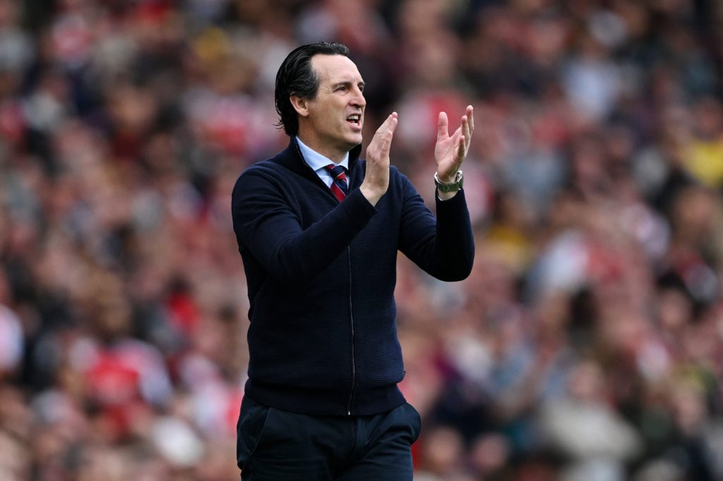 Unai Emery, Manager of Aston Villa, reacts during the Premier League match between Arsenal FC and Aston Villa at Emirates Stadium on April 14, 2024...