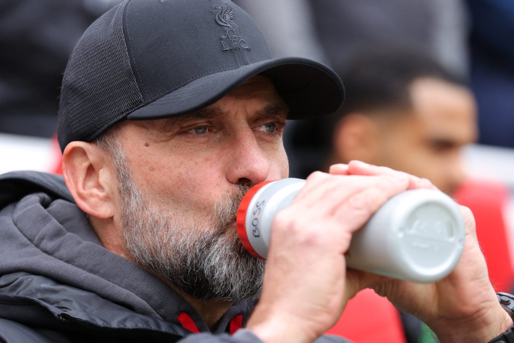 Jurgen Klopp, manager of Liverpool, looks on during the Premier League match between Liverpool FC and Crystal Palace at Anfield on April 14, 2024 i...