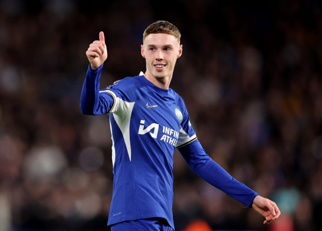 A thumbs up from Cole Palmer of Chelsea  during the Premier League match between Chelsea FC and Everton FC at Stamford Bridge on April 15, 2024 in ...