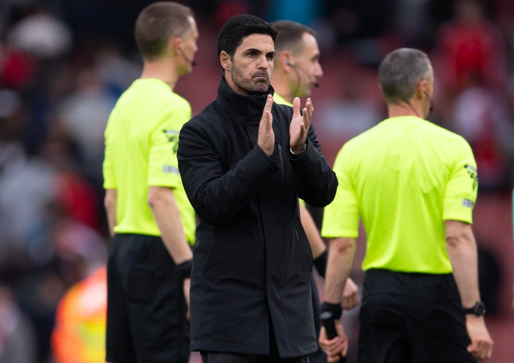 Arsenal manager Mikel Arteta applauds the home fans after the Premier League match between Arsenal FC and Aston Villa at Emirates Stadium on April ...