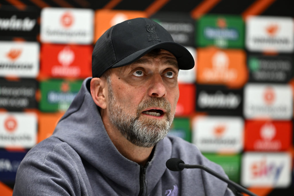Jurgen Klopp, Manager of Liverpool FC talks to the media during the UEFA Europa League 2023/24 quarter-final second leg press conference at Gewiss ...