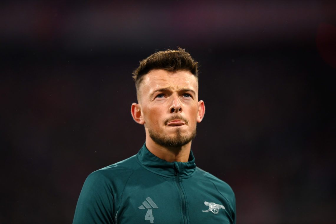 Ben White of Arsenal looks on prior to the UEFA Champions League quarter-final second leg match between FC Bayern München and Arsenal FC at Allianz...