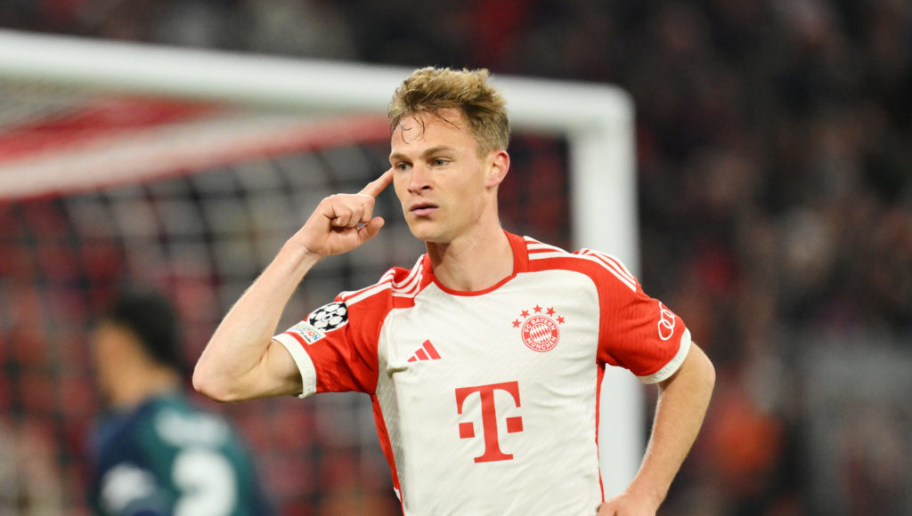 Joshua Kimmich of Bayern Munich celebrates scoring his team's first goal during the UEFA Champions League quarter-final second leg match between FC...