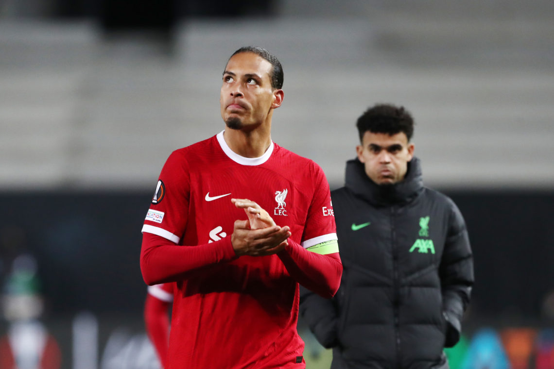 Virgil van Dijk of Liverpool applauds the fans following his side's elimination from the UEFA Europa League after the UEFA Europa League 2023/24 Qu...