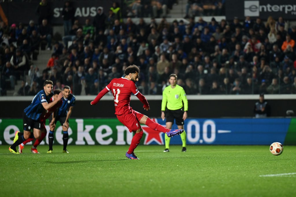 Mohamed Salah of Liverpool scores his side's first goal from the penalty spot during the UEFA Europa League 2023/24 Quarter-Final second leg match ...