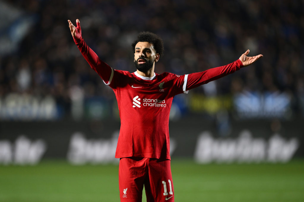 Mohamed Salah of Liverpool reacts during the UEFA Europa League 2023/24 Quarter-Final second leg match between Atalanta and Liverpool FC at Gewiss ...