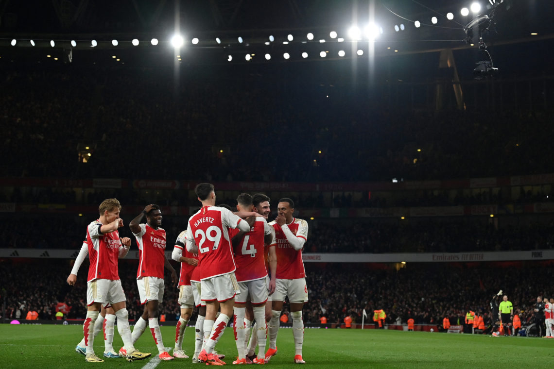 Arsenal's English defender #04 Ben White (3R) celebrates with teammates after scoring their fifth goal during the English Premier League football m...
