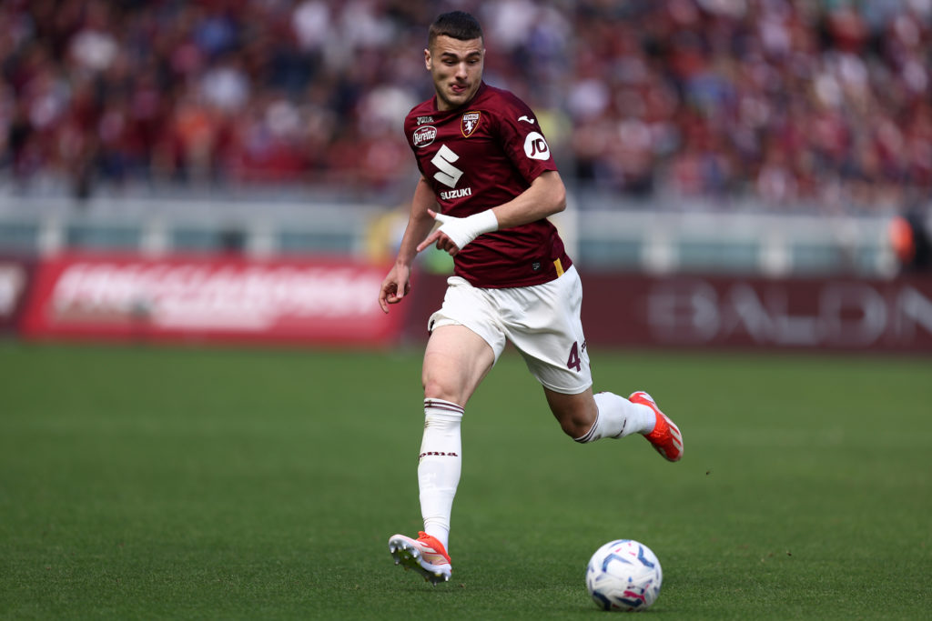 Alessandro Buongiorno of Torino Fc in action during the Serie A football match between Torino Fc and Frosinone Calcio. The match ends in a tie 0-0.
