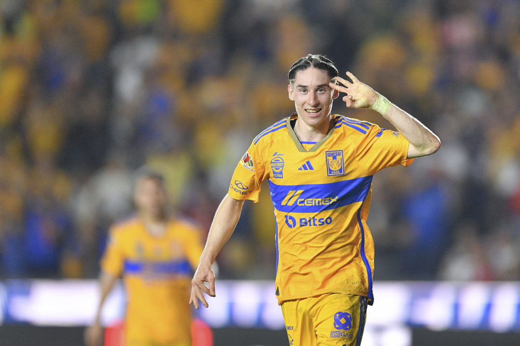 Marcelo Flores of Tigres celebrates after scoring the team’s fifth goal during the 16th round match between Tigres UANL and Necaxa as part of the T...