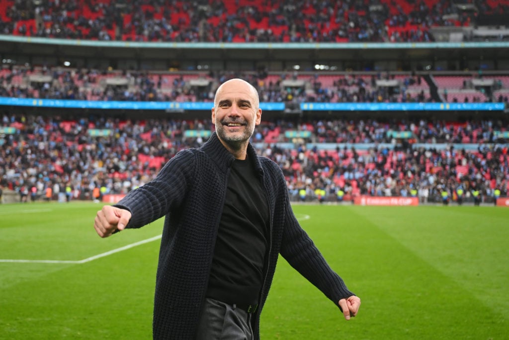 Pep Guardiola, manager of Manchester City celebrates after the Emirates FA Cup Semi Final match between Manchester City and Chelsea at Wembley Stad...