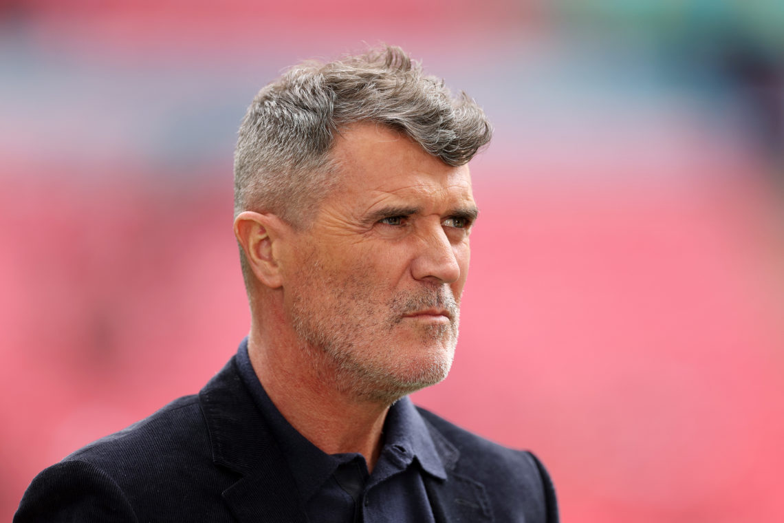 Roy Keane looks on prior to the Emirates FA Cup Semi Final match between Coventry City and Manchester United at Wembley Stadium on April 21, 2024 i...