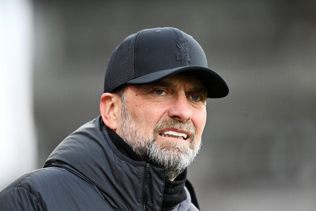 Jurgen Klopp, Manager of Liverpool, looks on prior to the Premier League match between Fulham FC and Liverpool FC at Craven Cottage on April 21, 20...