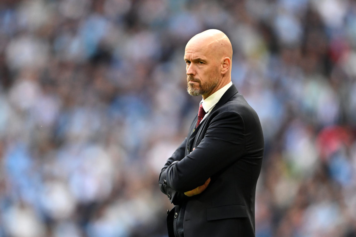Erik ten Hag, Manager of Manchester United, reacts during the Emirates FA Cup Semi Final match between Coventry City and Manchester United at Wembl...