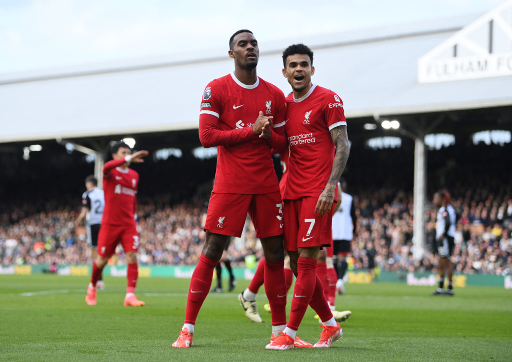 Ryan Gravenberch of Liverpool celebrates scoring his team's second goal with teammate Luis Diaz during the Premier League match between Fulham FC a...
