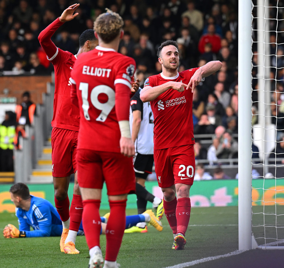 (THE SUN OUT. THE SUN ON SUNDAY OUT)  Diogo Jota of Liverpool celebrates after scoring the third Liverpool goal during the Premier League match bet...