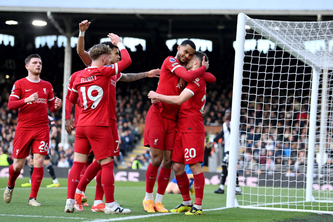 Diogo Jota of Liverpool celebrates with Cody Gakpo after scoring his team's third goal during the Premier League match between Fulham FC and Liverp...