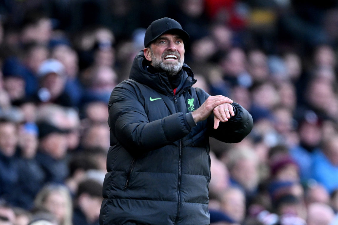 Jurgen Klopp, Manager of Liverpool, reacts during the Premier League match between Fulham FC and Liverpool FC at Craven Cottage on April 21, 2024 i...