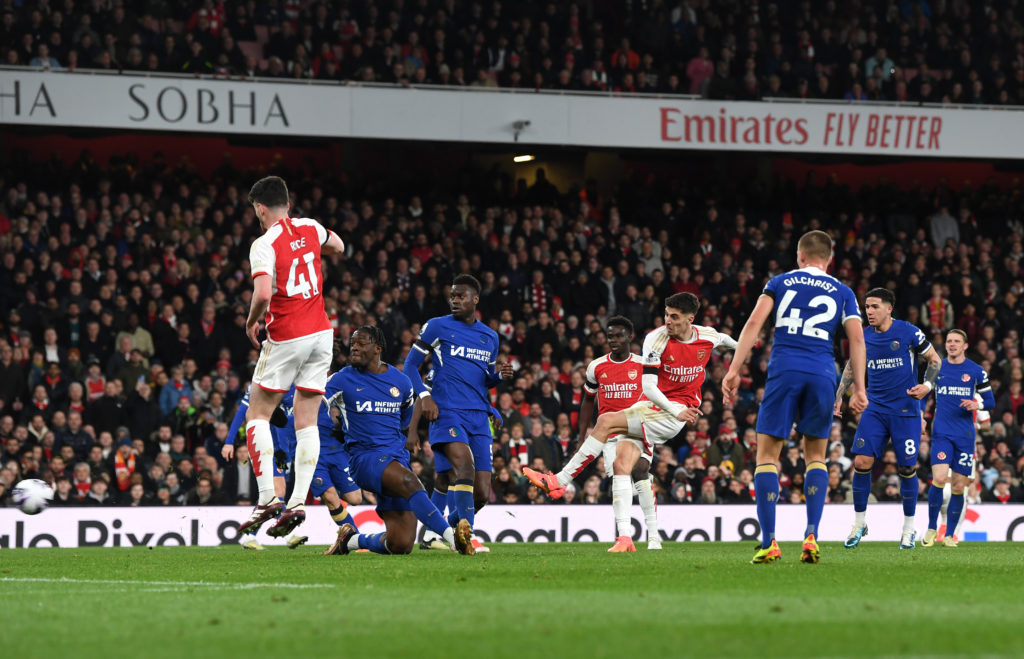 Kai Havertz of Arsenal scores his team's fourth goal during the Premier League match between Arsenal FC and Chelsea FC at Emirates Stadium on April...