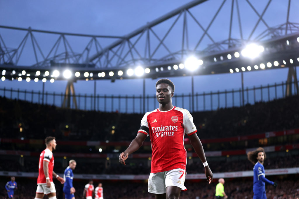 Bukayo Saka of Arsenal during the Premier League match between Arsenal FC and Chelsea FC at Emirates Stadium on April 23, 2024 in London, England. ...