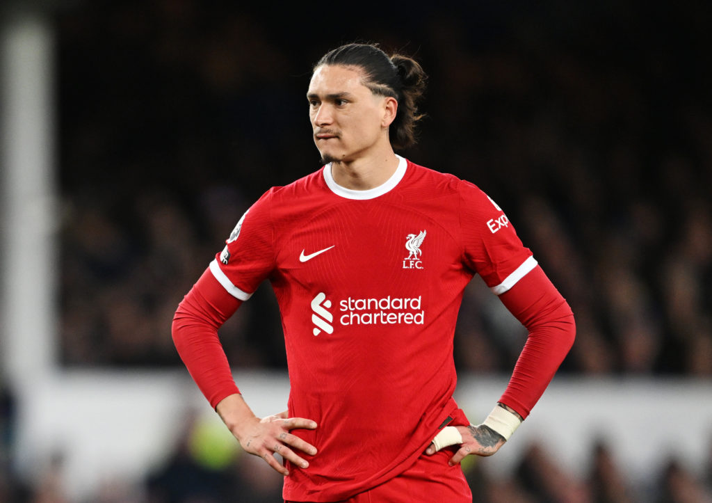 Darwin Nunez of Liverpool reacts during the Premier League match between Everton FC and Liverpool FC at Goodison Park on April 24, 2024 in Liverpoo...