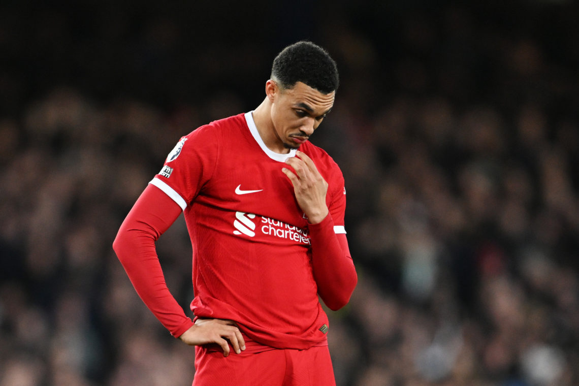 Trent Alexander-Arnold of Liverpool reacts during the Premier League match between Everton FC and Liverpool FC at Goodison Park on April 24, 2024 i...