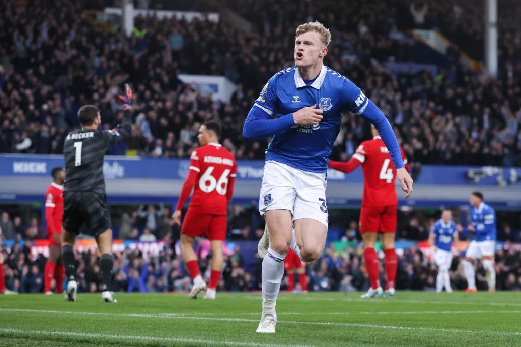 Jarrad Branthwaite of Everton celebrates after scoring his side's first goal during the Premier League match between Everton FC and Liverpool FC at...