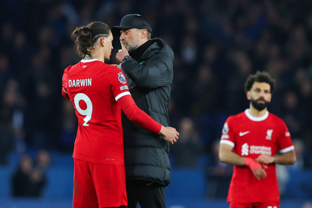 Jurgen Klopp, manager of Liverpool, gestures to Darwin Nunez of Liverpool to be quiet after the Premier League match between Everton FC and Liverpo...