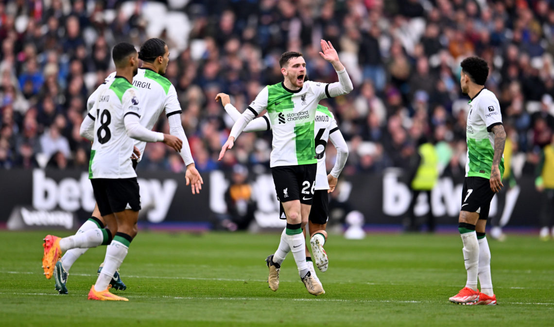 (THE SUN OUT, THE SUN ON SUNDAY OUT) Andy Robertson of Liverpool celebrates after scoring the opening goal during the Premier League match between ...