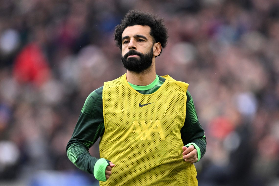 Mohamed Salah of Liverpool warms up during the Premier League match between West Ham United and Liverpool FC at London Stadium on April 27, 2024 in...