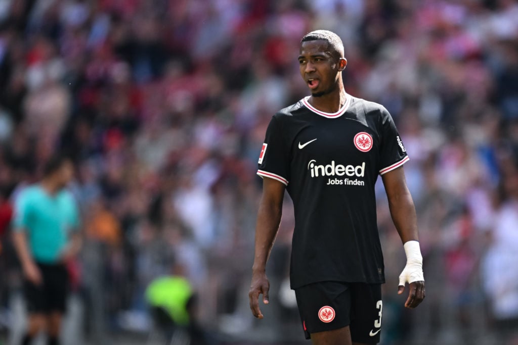 Willian Pacho of Frankfurt reacts  during the Bundesliga match between FC Bayern München and Eintracht Frankfurt at Allianz Arena on April 27, 2024...