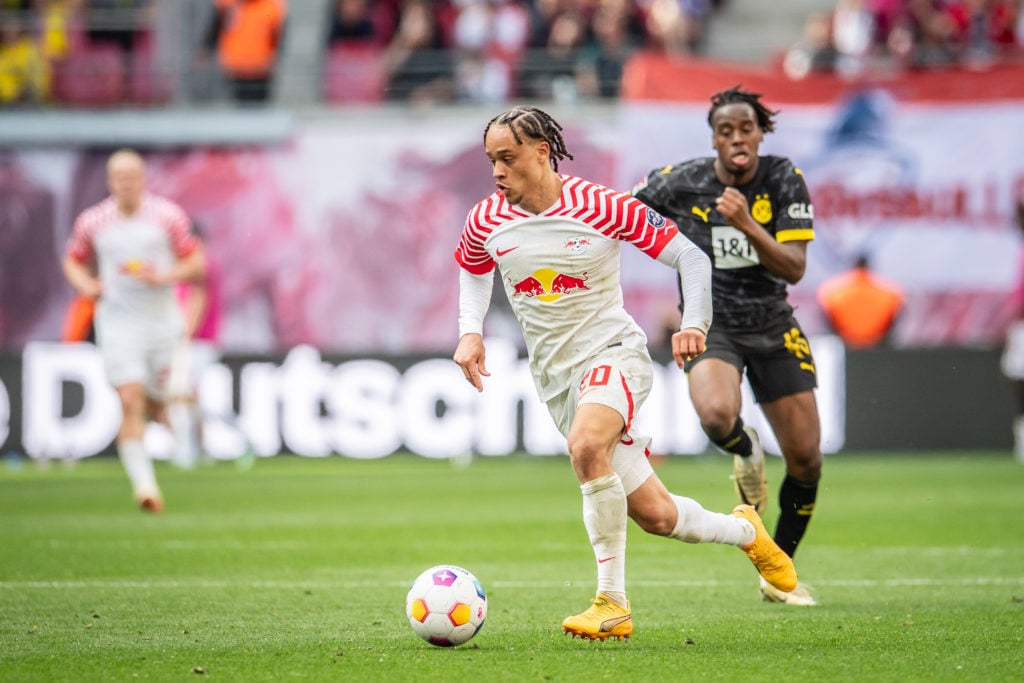 Xavi Simons of RB Leipzig in action during the Bundesliga match between RB Leipzig and Borussia Dortmund at Red Bull Arena on April 27, 2024 in Lei...