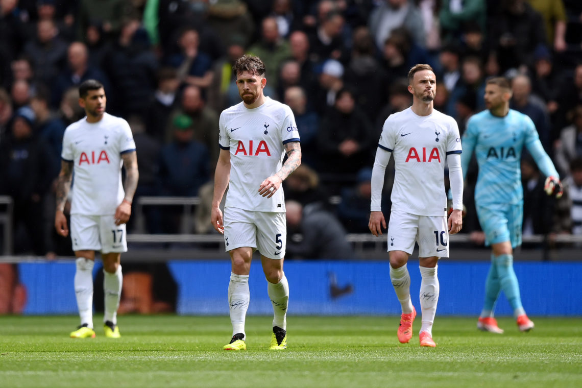 Pierre-Emile Hojbjerg and James Maddison of Tottenham Hotspur react after Kai Havertz of Arsenal (not pictured) scored his sides third goal during ...