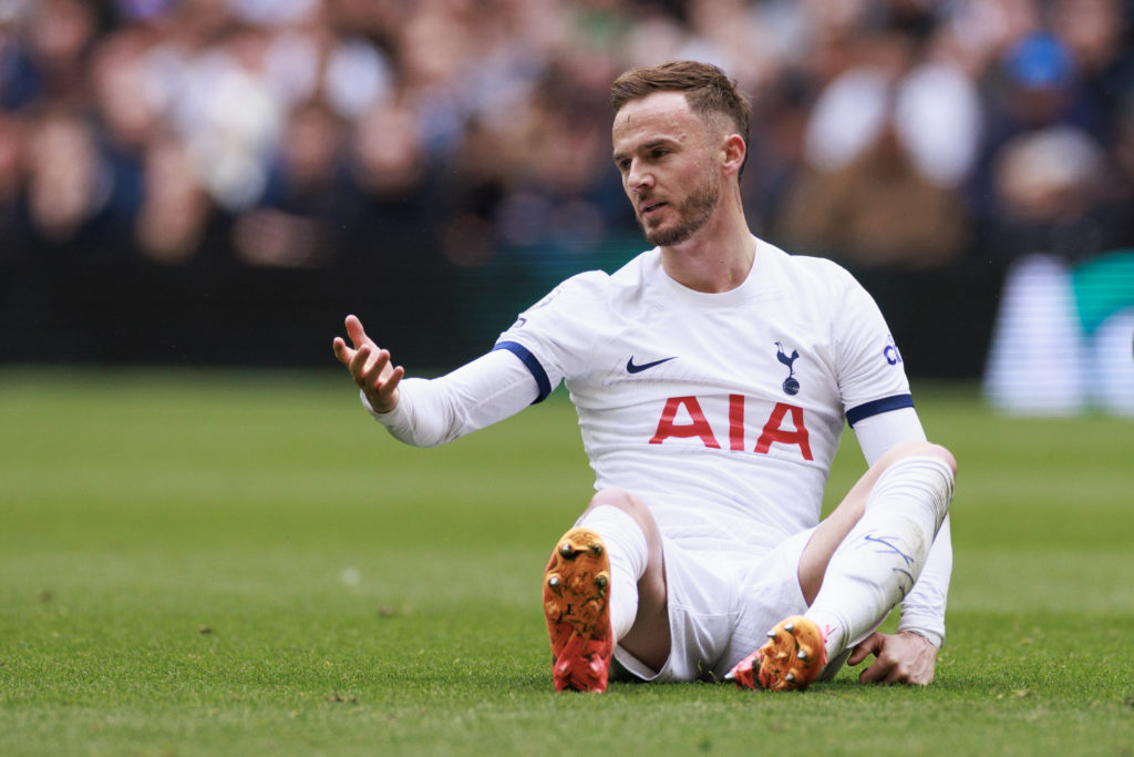 James Maddison of Tottenham Hotspur looks dejected during the Premier League match between Tottenham Hotspur and Arsenal FC at Tottenham Hotspur St...