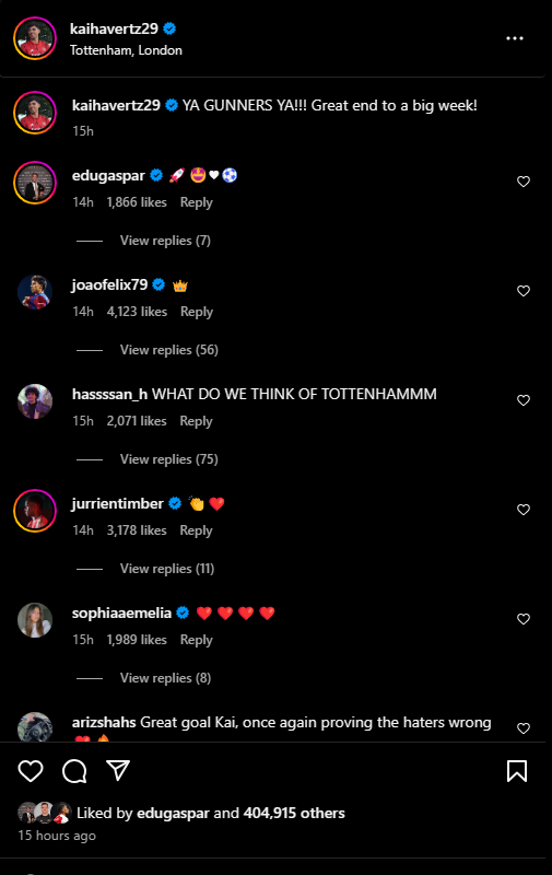 Joao Felix and others reply to Kai Havertz on Instagram after the North London Derby CR.@Kaihavertz29 (META, Instagram 2024)