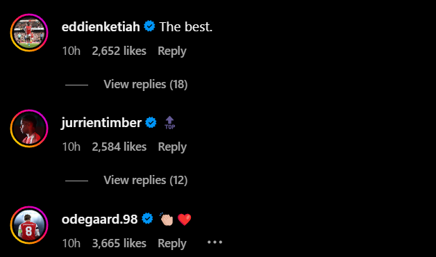 Replies under Arsenal star Emile smith Rowe's Instagram post