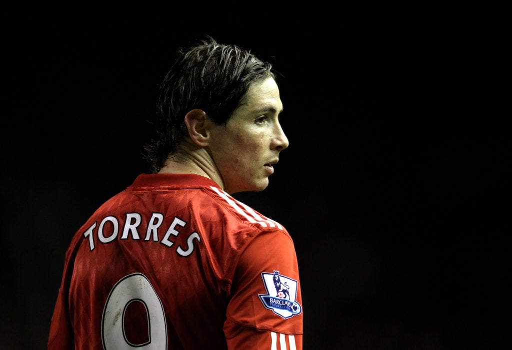 Fernando Torres of Liverpool looks on during the Barclays Premier League match between Liverpool and Fulham at Anfield on January 26, 2011 in Liver...