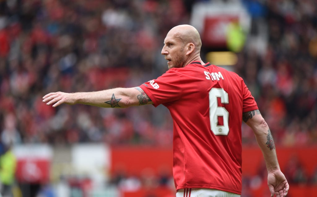 Jaap Stam of Manchester United looks on during the Manchester United '99 Legends v FC Bayern Legends at Old Trafford on May 26, 2019 in Manchester,...