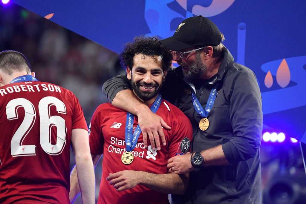 Jurgen Klopp, Manager of Liverpool and Mohamed Salah of Liverpool celebrate following the UEFA Champions League Final between Tottenham Hotspur and...