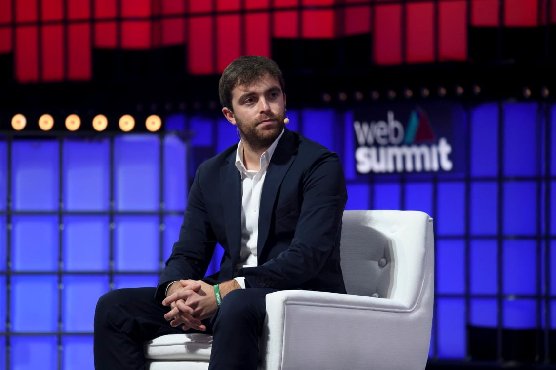 Lisbon , Portugal - 4 November 2021; Fabrizio Romano, Football Journalist, on Centre Stage during day three of Web Summit 2021 at the Altice Arena ...