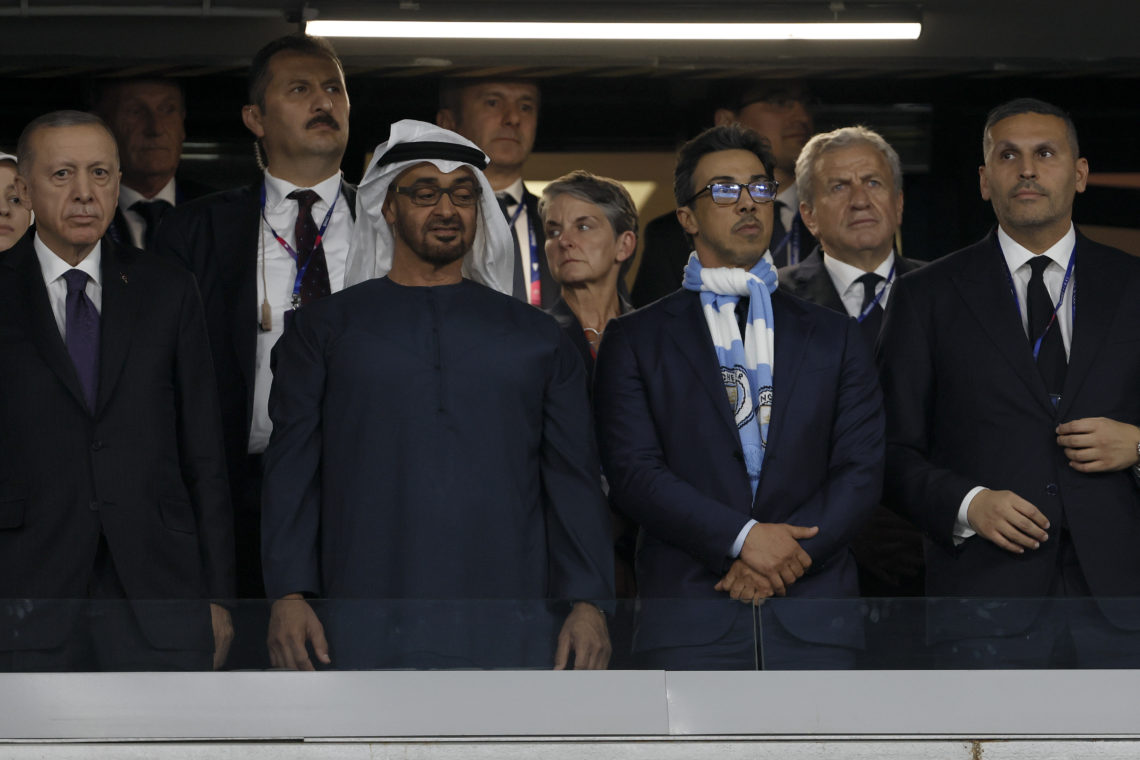 Turkey's President Recep Tayyip Erdogan (C-L), UAE President Sheikh Mohamed bin Zayed al-Nahyan (C-R) and Manchester City's Emirati owner Sheikh Ma...