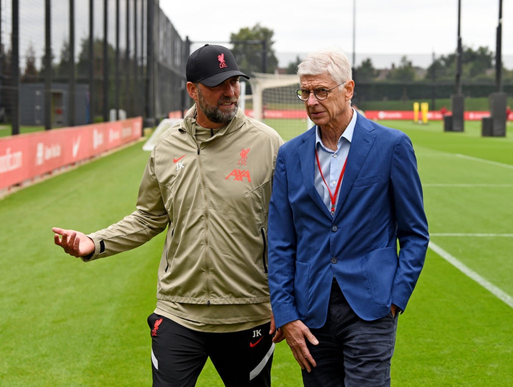 (THE SUN OUT, THE SUN ON SUNDAY OUT) Jurgen Klopp manager of Liverpool with Arsene Wenger FIFA's Chief of Global Football Development during a trai...